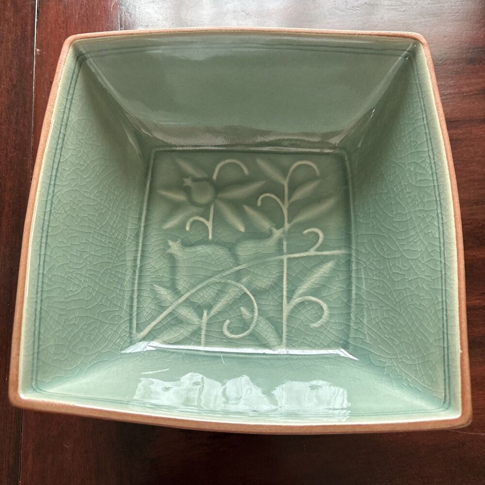 Siam Celadon Square Ceramic Serving Bowl, Floral Design, Footed